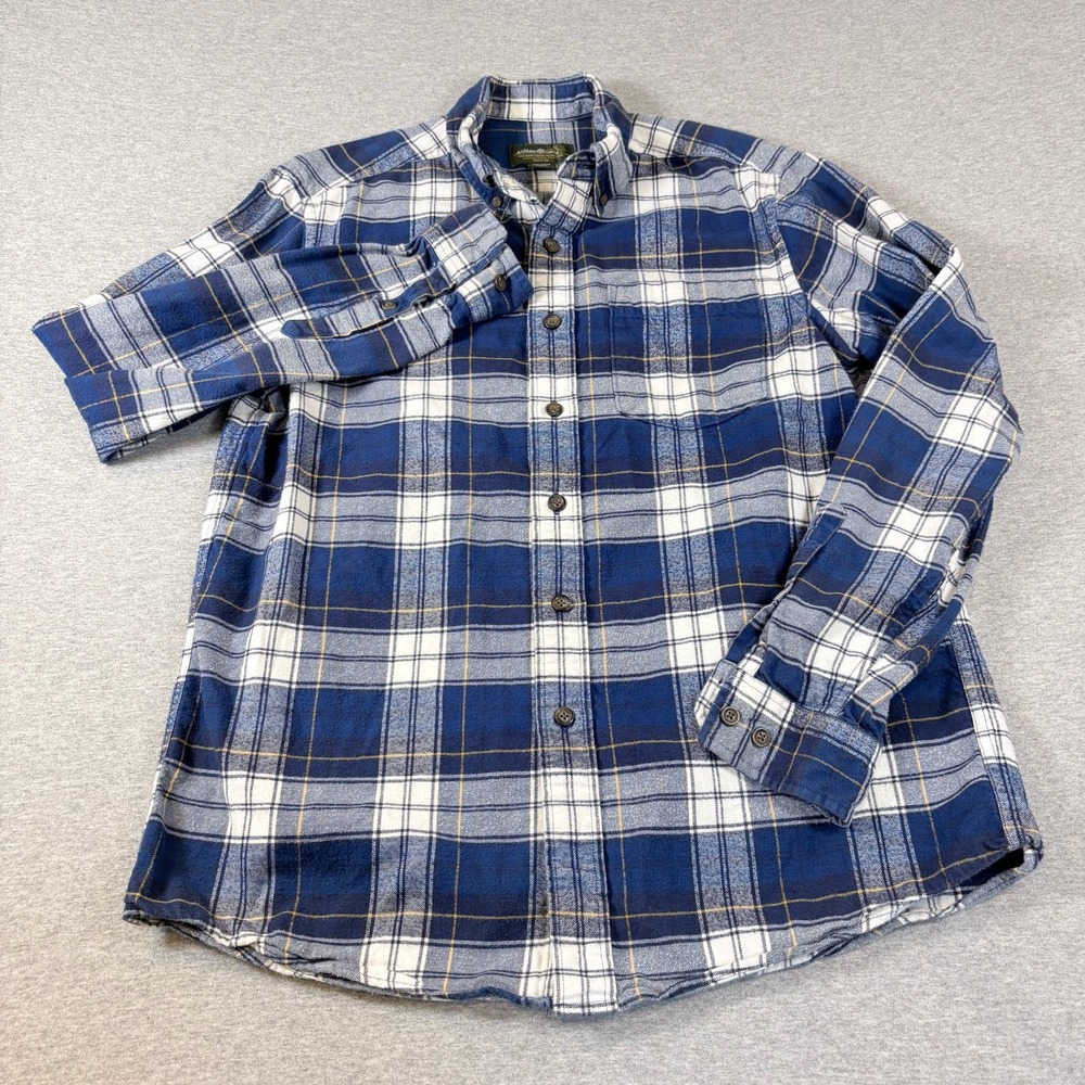 Eddie Bauer Button Down Shirt Mens M Blue Plaid Flannel Long Sleeve Cotton